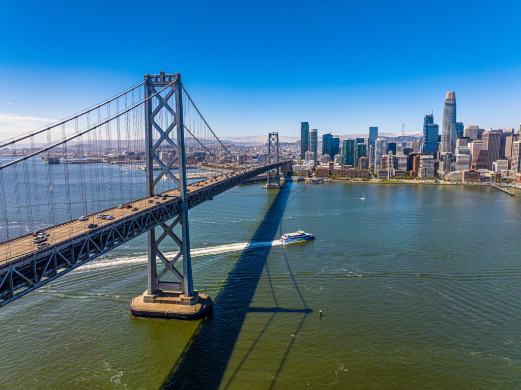 Drone image of San Francisco bay Bridge